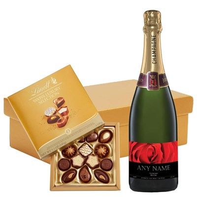 Personalised Champagne - Red Rose Label And Lindt Swiss Chocolates Hamper
